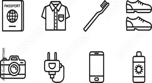 Essential items to pack for a trip including a passport and toiletries Vector