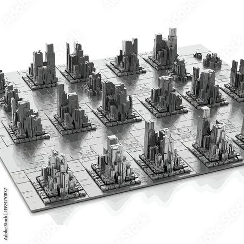 A 3D rendering of a cityscape model with multiple skyscrapers on a grid base, showcasing AI boom impact on RAM and urban planning, on a white background with grayscale tones.