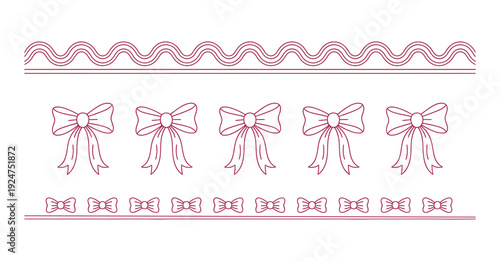 Elegant vector graphic illustration set featuring decorative maroon ribbon borders and various sized bow elements for design