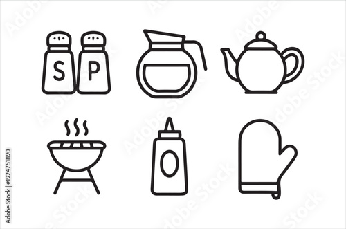 Simple line icons depicting kitchen items and cooking essentials in black and white