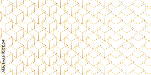 Vector abstract square tech grid gold line box structure wallpaper. metal cube creative geometric fabric wall tiles gradient web triangle diamond honeycomb hexagon art decorative textile design.
