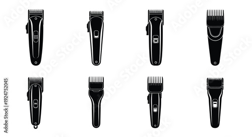 Eight black hair clippers arranged in a grid on a white background