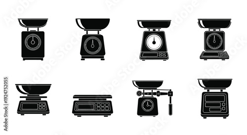 Collection of vintage and modern kitchen scales in black and white