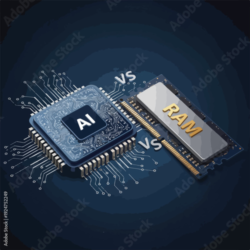 A close-up shot of an AI chip versus a RAM module on a dark blue background with circuit board details and a shallow depth of field, conveying a technological and comparative mood.