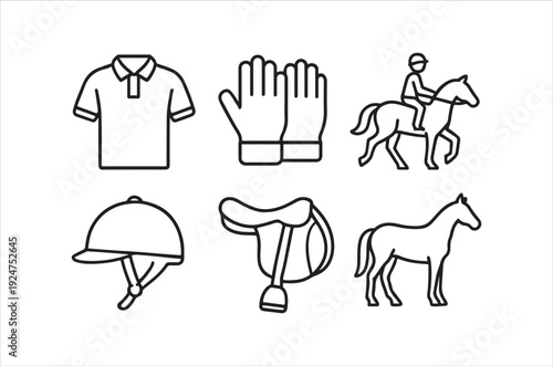 Line art depicting equestrian gear including a polo shirt helmet and horse tack
