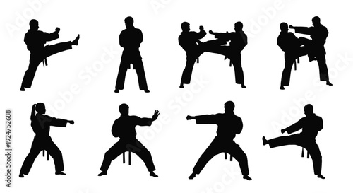 Silhouettes of people demonstrating various martial arts poses and movements