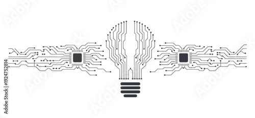 Striking vector illustration depicting an illuminated lightbulb concept formed by intricate electronic circuit board pathways and microchips.