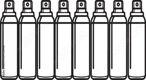 Eight identical empty spray bottles lined up in a row. Vector