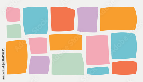 Abstract vector graphic design featuring a vibrant collage of irregularly shaped blocks in soft pastel and bright warm colors.