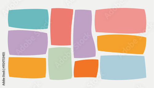 Colorful abstract vector illustration featuring a mosaic of irregularly shaped, rounded pastel blocks arranged in a playful, modern, and minimalist graphic design pattern.