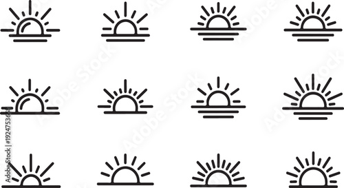 Illustrations of sunrises with varying sun positions and weather conditions Vector