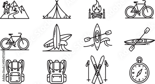 Outdoor adventure activities and equipment illustrated in black and white Vector