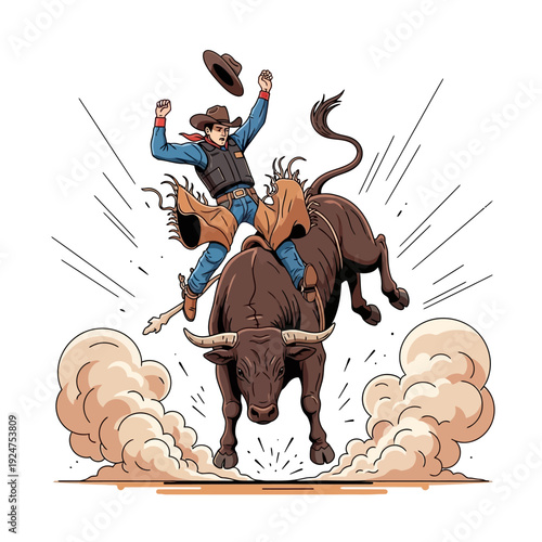 Cowboy riding a bucking bull, rodeo action, western sport, dynamic movement, dust clouds