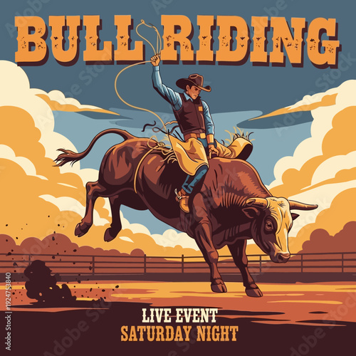 Cowboy Riding Bucking Bull at Rodeo Competition - Bull Riding Live Event