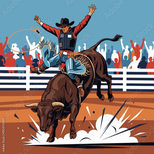 Cowboy riding bucking bull in rodeo arena with cheering crowd