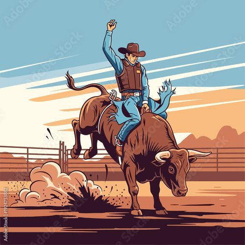 Cowboy riding bucking bull in rodeo arena, dynamic action, western sport