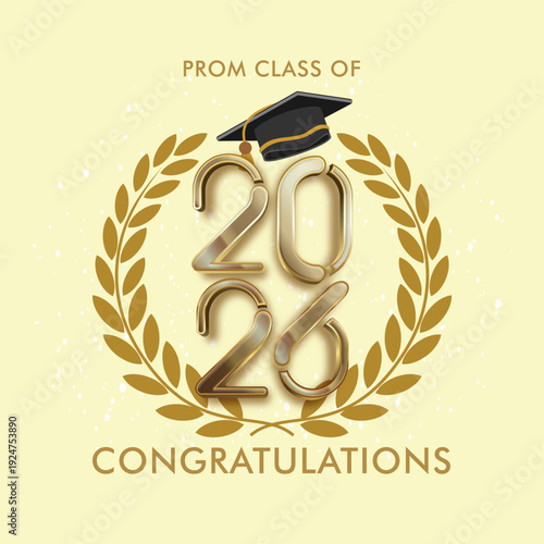 Golden 2026 Graduation Typography with Mortarboard and Laurel Wreath