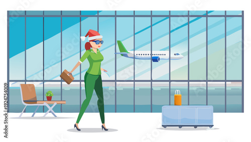 A female flight attendant, wears Xmas hat and sunglasses In the airport hall, in green shirt and pants, floor-to-ceiling windows, the plane is flying, realistic minimalist vector
