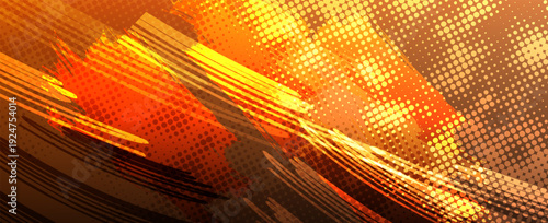 Abstract Orange and Yellow Grunge Background with Brush Strokes and Halftone Texture