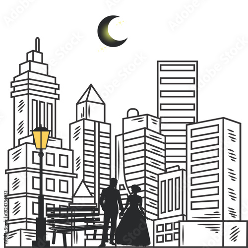 Couple holding hands in romantic cityscape at night