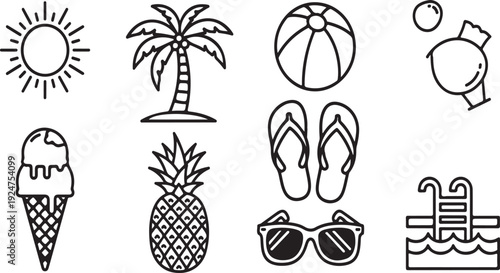 Vibrant summer icons depicting beach, sun, and tropical elements. Vector
