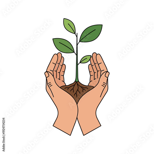 Hands Protecting Young Plant Growth, Symbolizing Sustainability and Hope