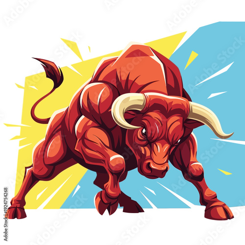 Aggressive Red Bull Charging Forward with Powerful Musculature and Dynamic Background