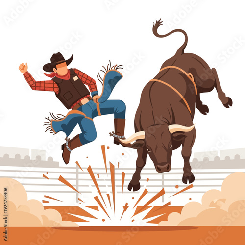 Cowboy falls off bucking bull in rodeo arena, action, vector illustration