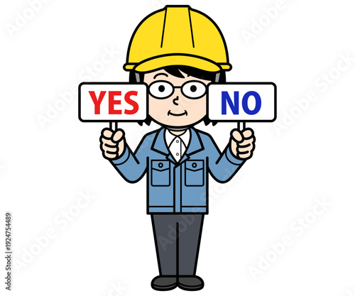 YESとNOの札を持つヘルメットをかぶった現場監督の中年女性