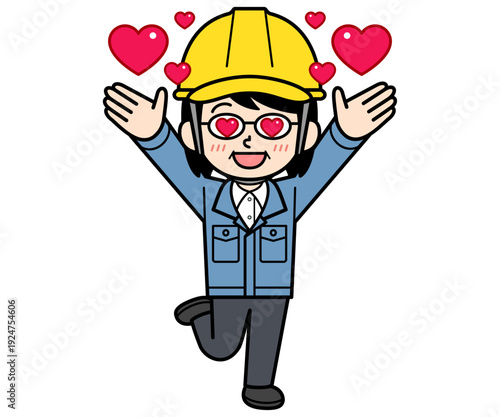 ときめき喜ぶヘルメットをかぶった現場監督の中年女性