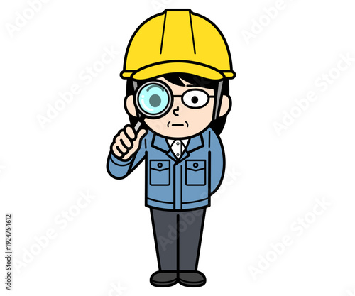 虫眼鏡で観察するヘルメットをかぶった現場監督の中年女性