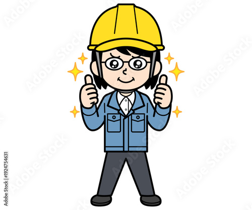 大満足しているヘルメットをかぶった現場監督の中年女性