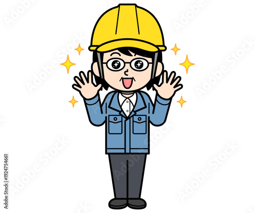 感激しているヘルメットをかぶった現場監督の中年女性