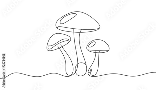 A minimalist continuous line vector illustration featuring three stylized mushrooms of varying sizes, created with a single flowing black stroke for a clean graphic design.