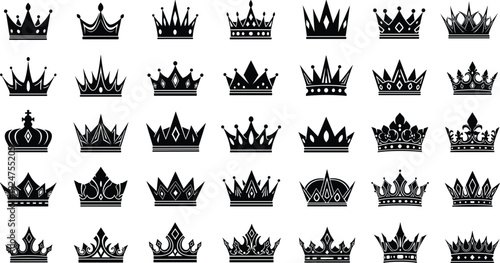 Large Collection of Black Crown Silhouettes Featuring Royal Tiara and King Authority Symbols Isolated on White Background for Graphic Design (exactly 20 words)