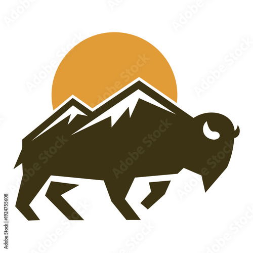 Bison Silhouette with Mountain and Sunset Vector Illustration, Vintage Outdoor Logo Design