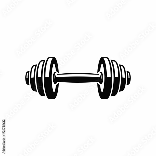 A simple black and white illustration of a dumbbell on a white background.