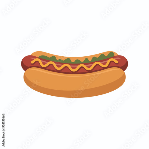 A cartoon hot dog with ketchup, mustard, and relish on a bun.