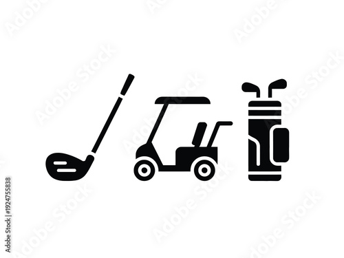 Golfing essentials including club, cart, and golf bag icon set.