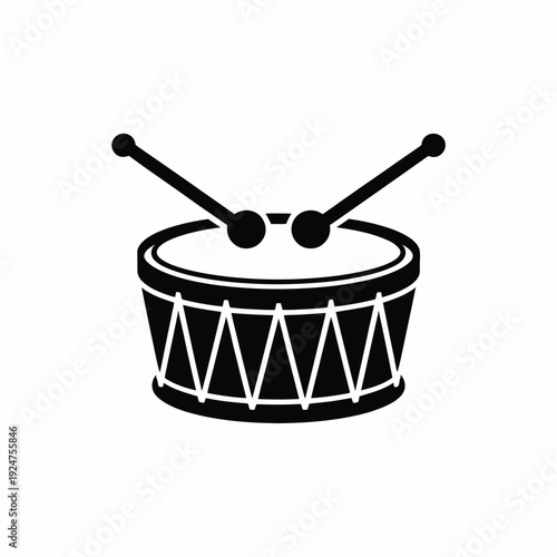 A simple illustration of a drum with two drumsticks on a white background