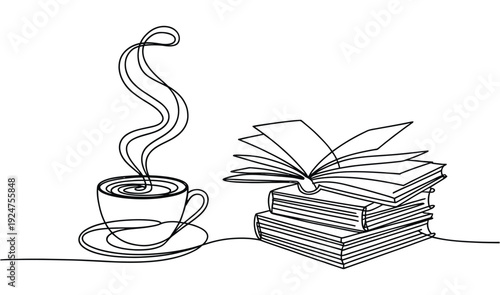 Continuous line vector illustration graphic depicting a steaming hot cup on a saucer, placed alongside a stack of books with one open for thoughtful reading.