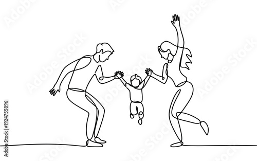 Minimalist continuous line vector graphic illustration depicting parents joyfully swinging their small child between them.