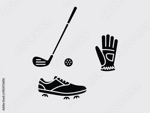 Golfing essentials including club, ball, shoe, and glove on a simple background.