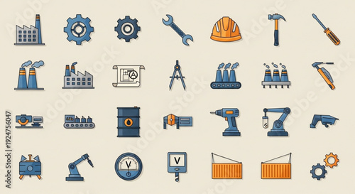 Industrial construction icons set including tools machines and architecture elements in blue and orange colors on beige background