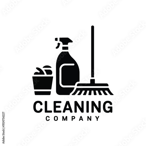 Cleaning company logo featuring a spray bottle and broom