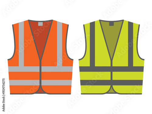 Two high visibility vests in orange and yellow with reflective strips.