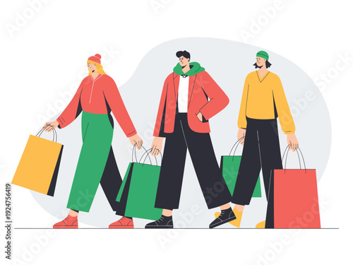 Three people walking together carrying colorful shopping bags with vibrant clothing