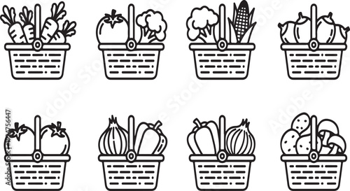 Eight different baskets filled with various fruits and vegetables Vector