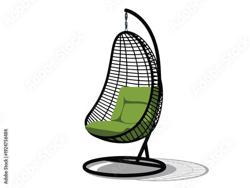 A modern hanging chair with a green cushion and black metal frame.