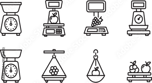 A diverse collection of scales and balances used for measuring objects Vector